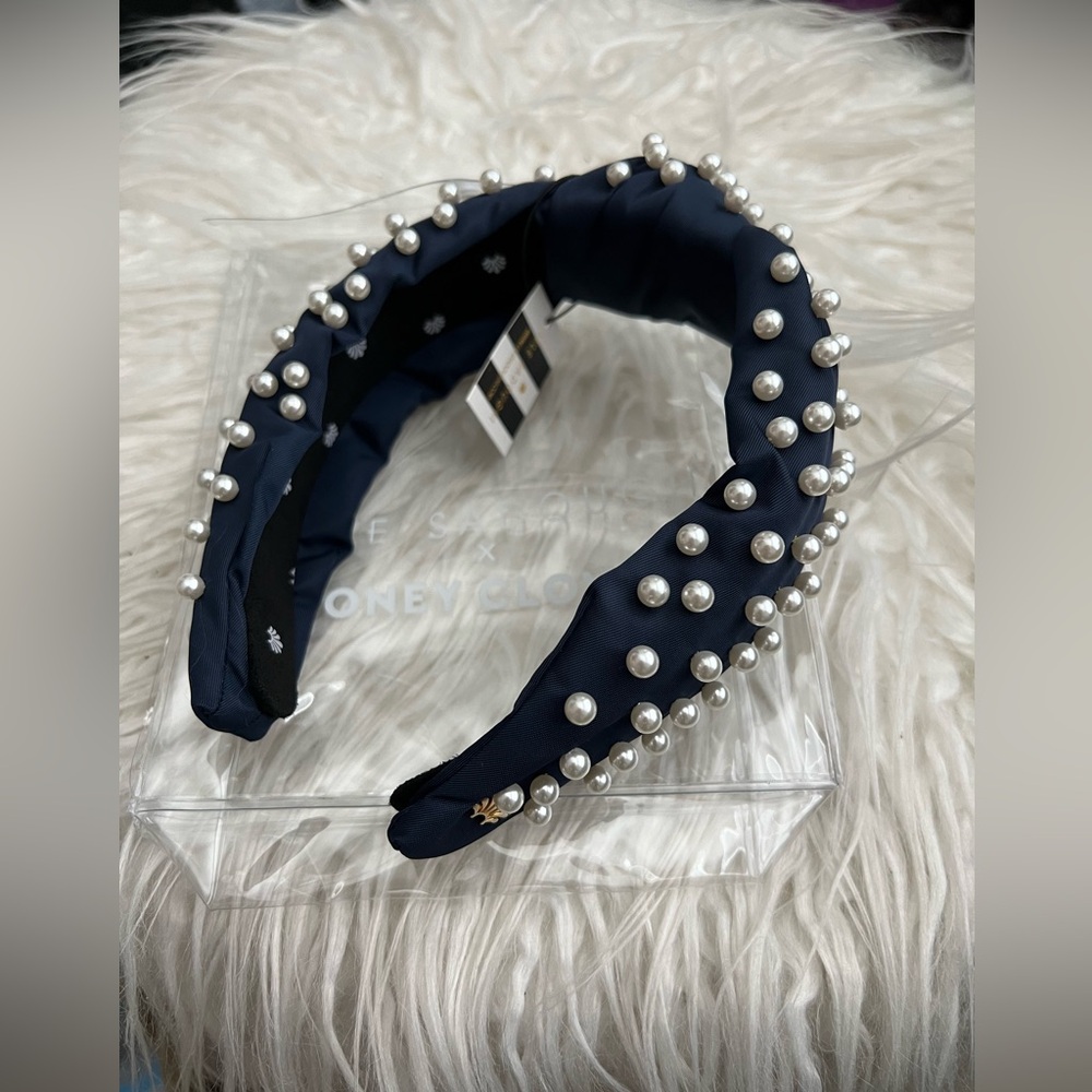LELE SADOUGHI X STONEY CLOVER LANE HEADBAND PEARLS NAVY DARK BLUE NWT
